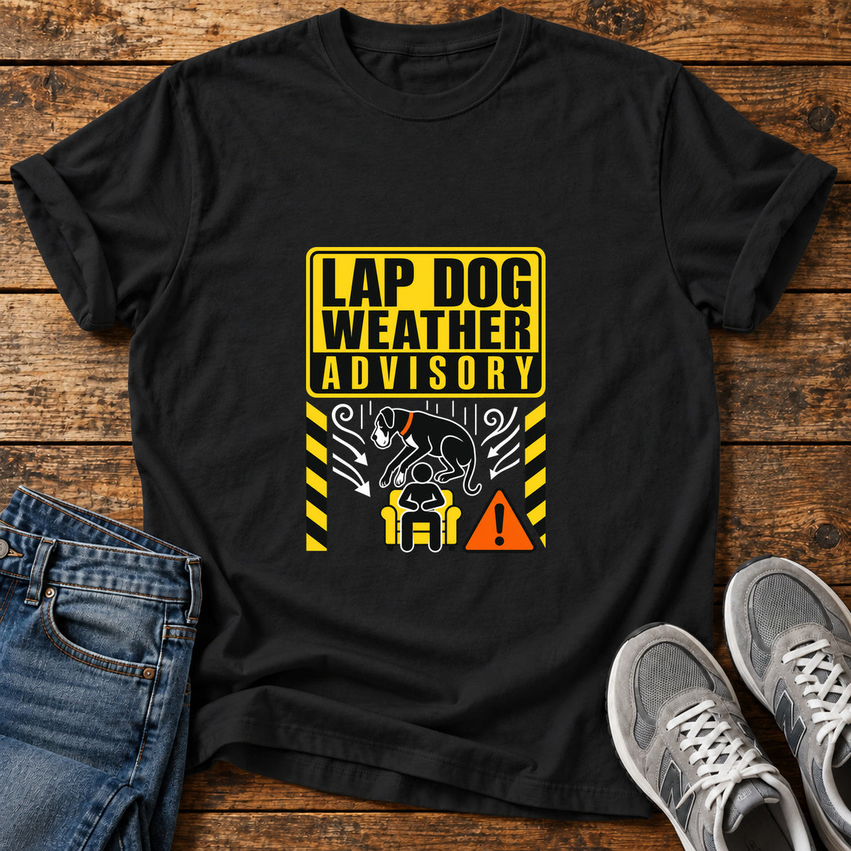 Lap Dog Advisory Great Dane graphic T-shirt in Black, shown on a flat-lay shirt mockup