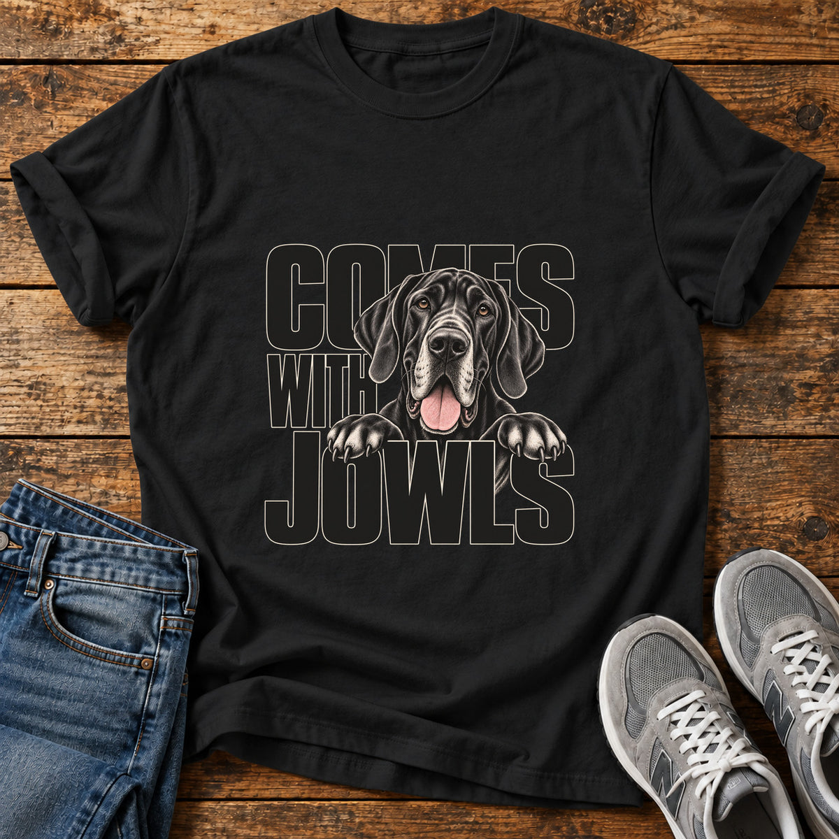 Comes With Jowls Great Dane graphic T-shirt in Black, shown on a flat-lay shirt mockup