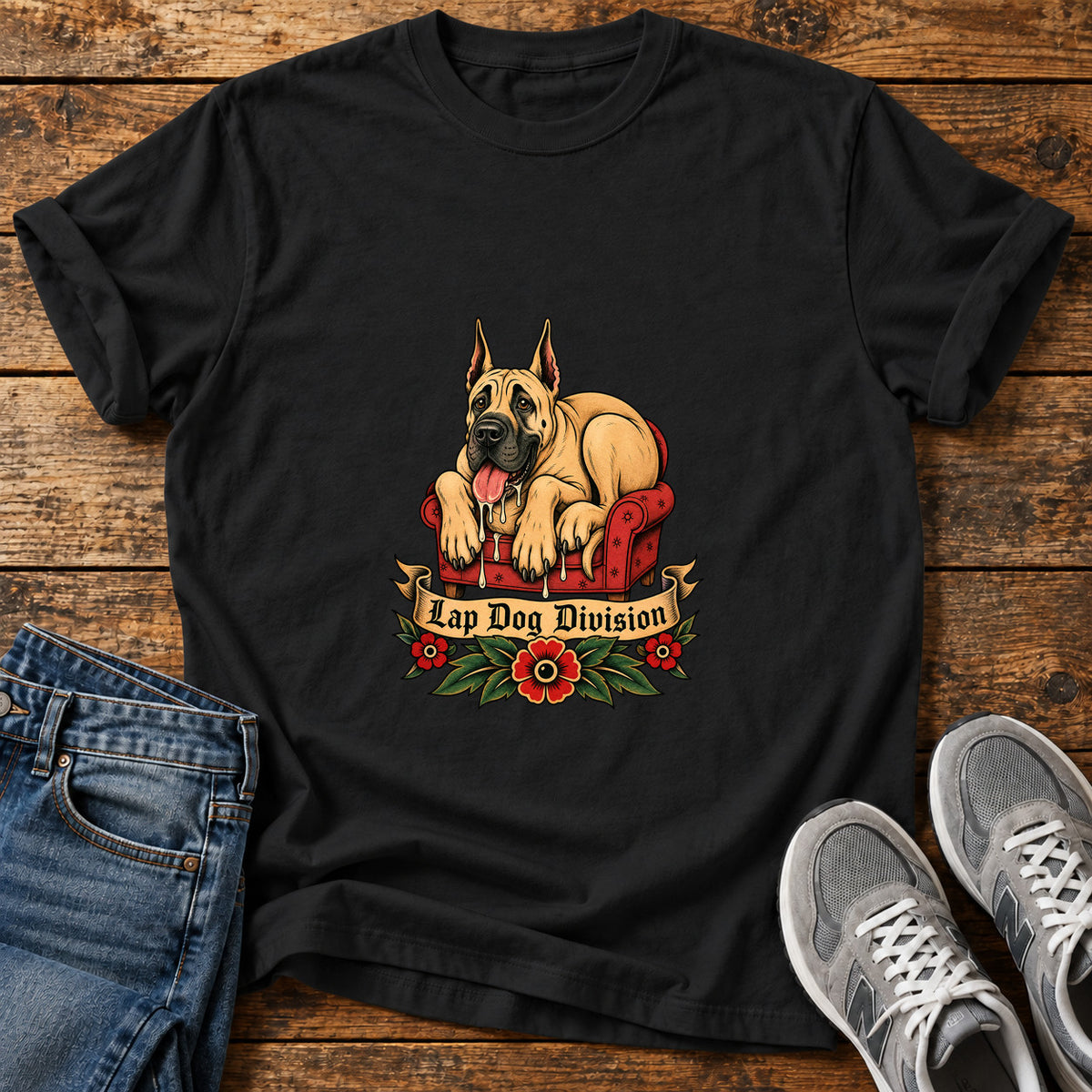 Lap Dog Division Great Dane graphic T-shirt in Black, shown on a flat-lay shirt mockup