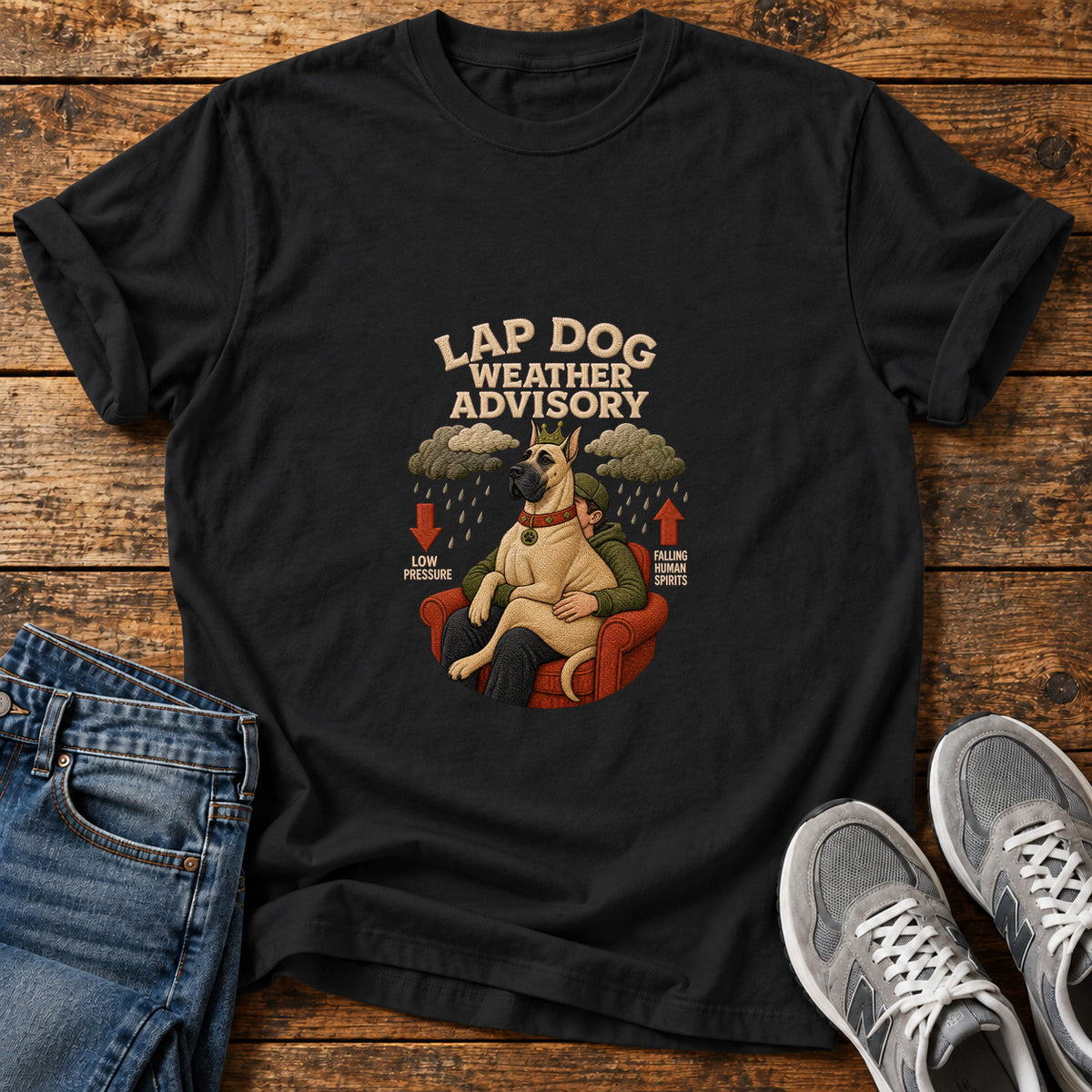 Lap Dog Weather Great Dane graphic T-shirt in Black, shown on a flat-lay shirt mockup