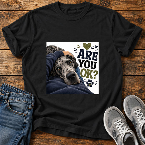 Are You OK Great Dane graphic T-shirt in Black, shown on a flat-lay shirt mockup