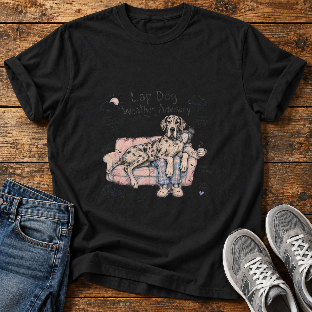 Lap Dog Advisory Great Dane graphic T-shirt in Black, shown on a flat-lay shirt mockup