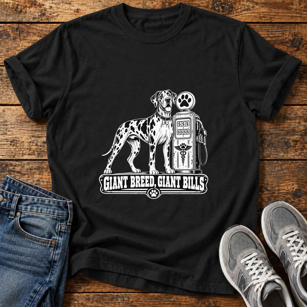 Giant Breed Bills Great Dane graphic T-shirt in Black, shown on a flat-lay shirt mockup
