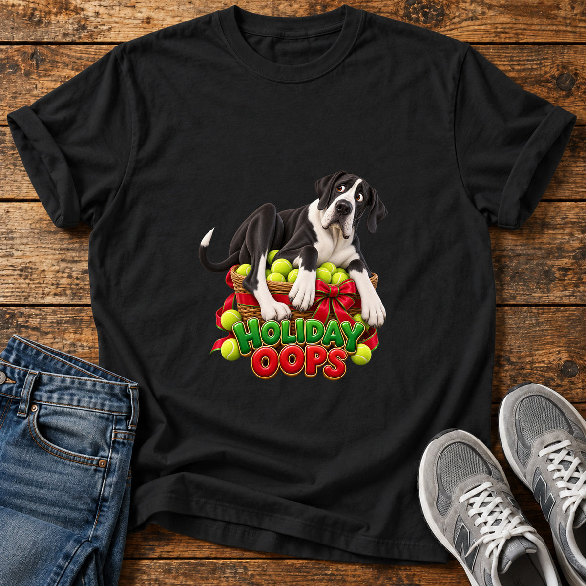 Holiday Oops Great Dane graphic T-shirt in Black, shown on a flat-lay shirt mockup