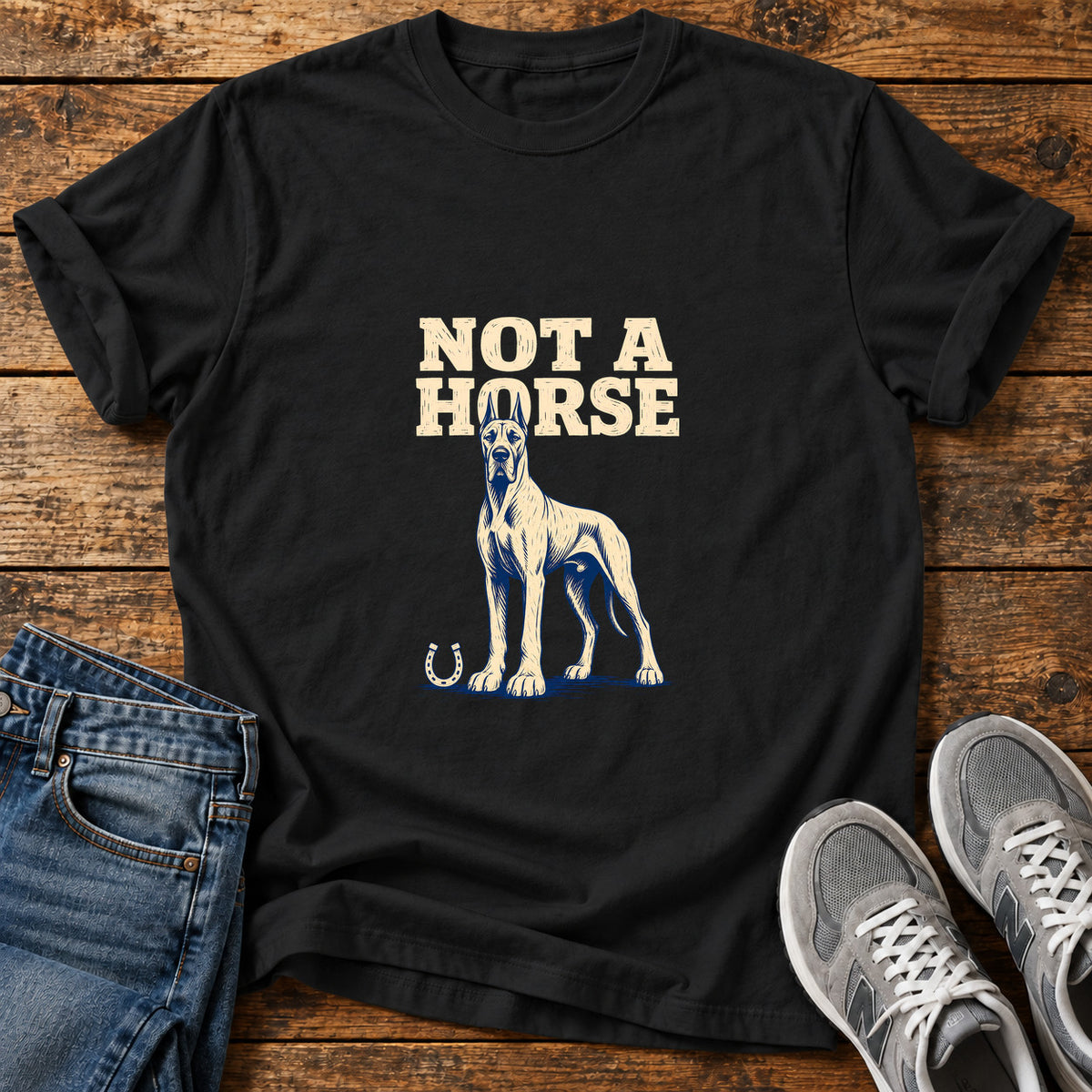 Not A Horse Great Dane graphic T-shirt in Black, shown on a flat-lay shirt mockup