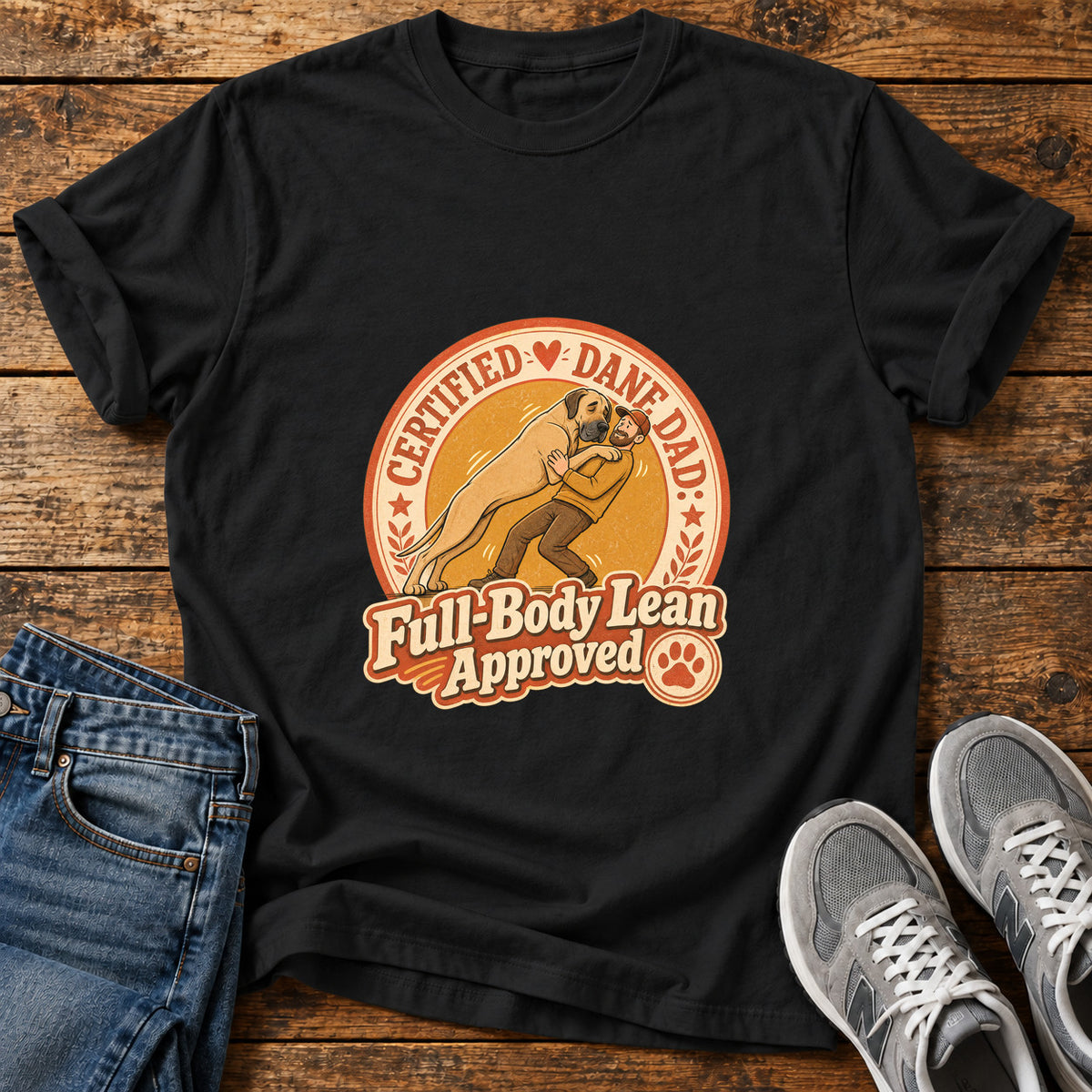 Full-Body Lean Great Dane graphic T-shirt in Black, shown on a flat-lay shirt mockup