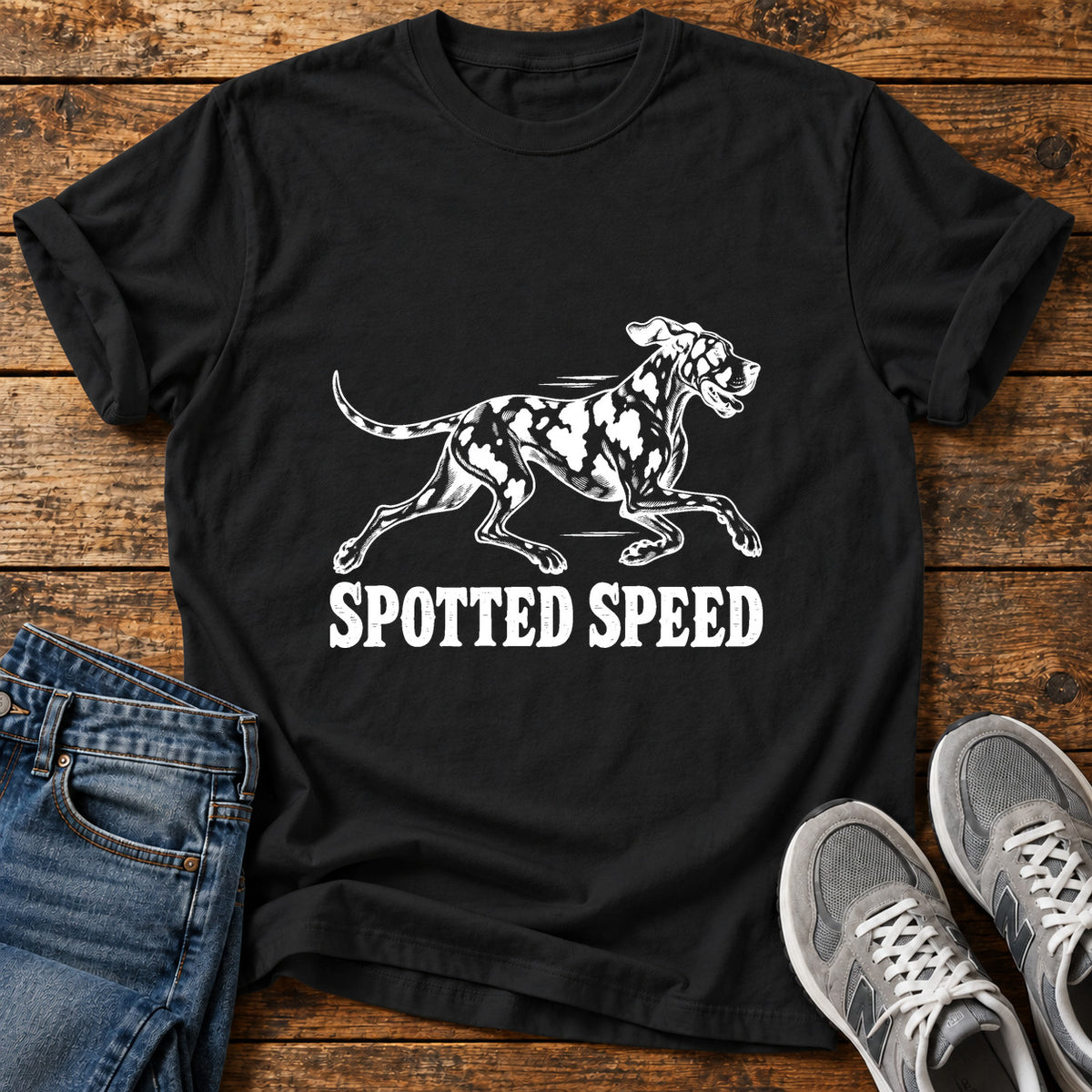 Fully Charged Great Dane graphic T-shirt in Black, shown on a flat-lay shirt mockup