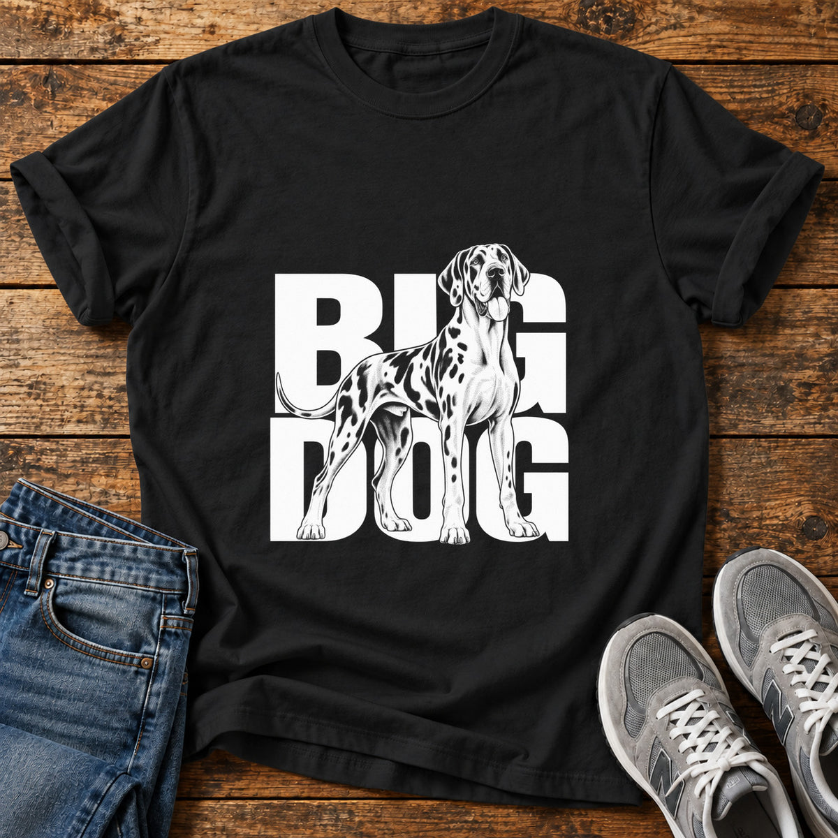 Big Dog Great Dane graphic T-shirt in Black, shown on a flat-lay shirt mockup