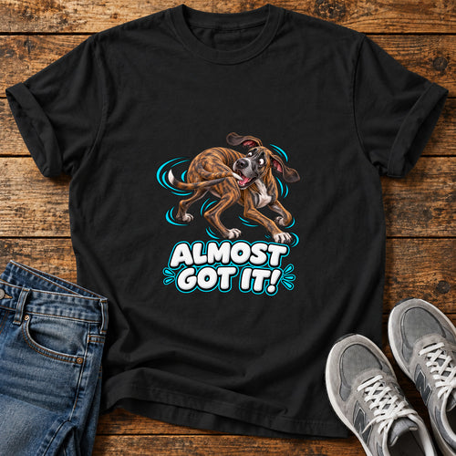 Almost Got It Great Dane graphic T-shirt in Black, shown on a flat-lay shirt mockup