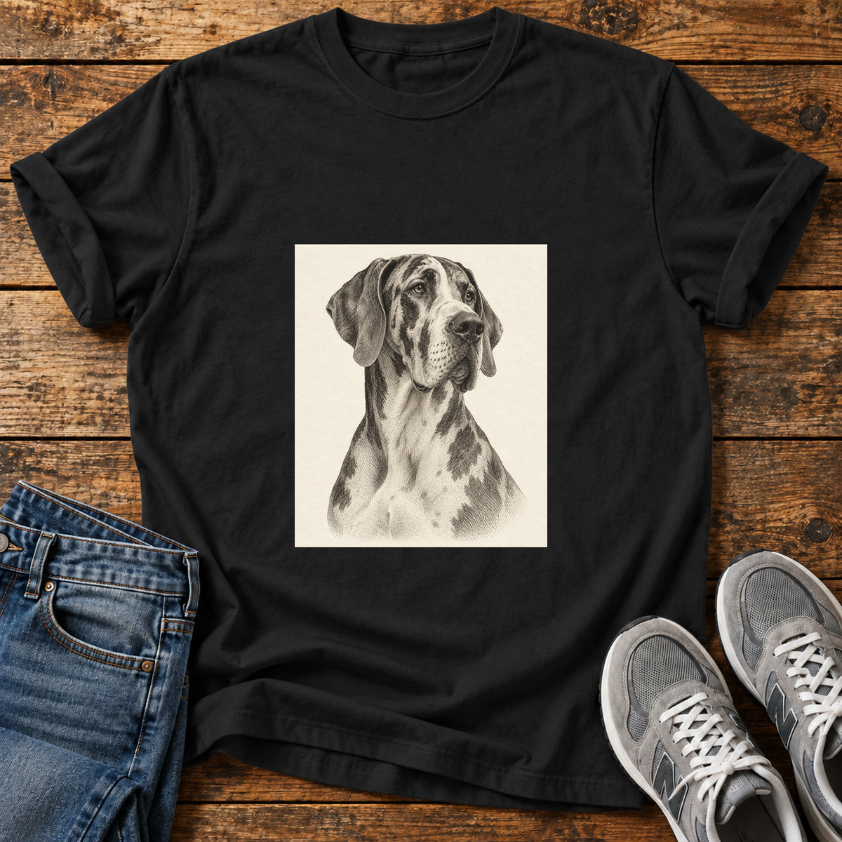 Great Dane Majesty graphic T-shirt in Black, shown on a flat-lay shirt mockup