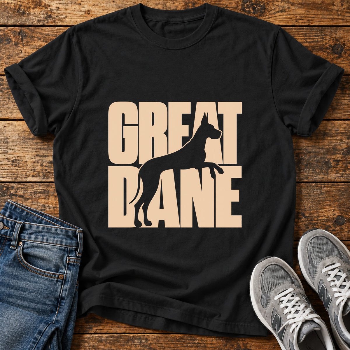 Great Dane graphic T-shirt in Black, shown on a flat-lay shirt mockup