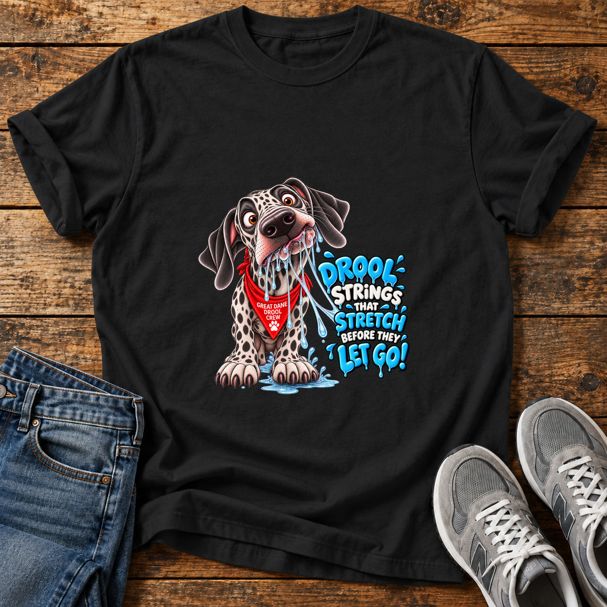 Drool Strings Great Dane graphic T-shirt in Black, shown on a flat-lay shirt mockup