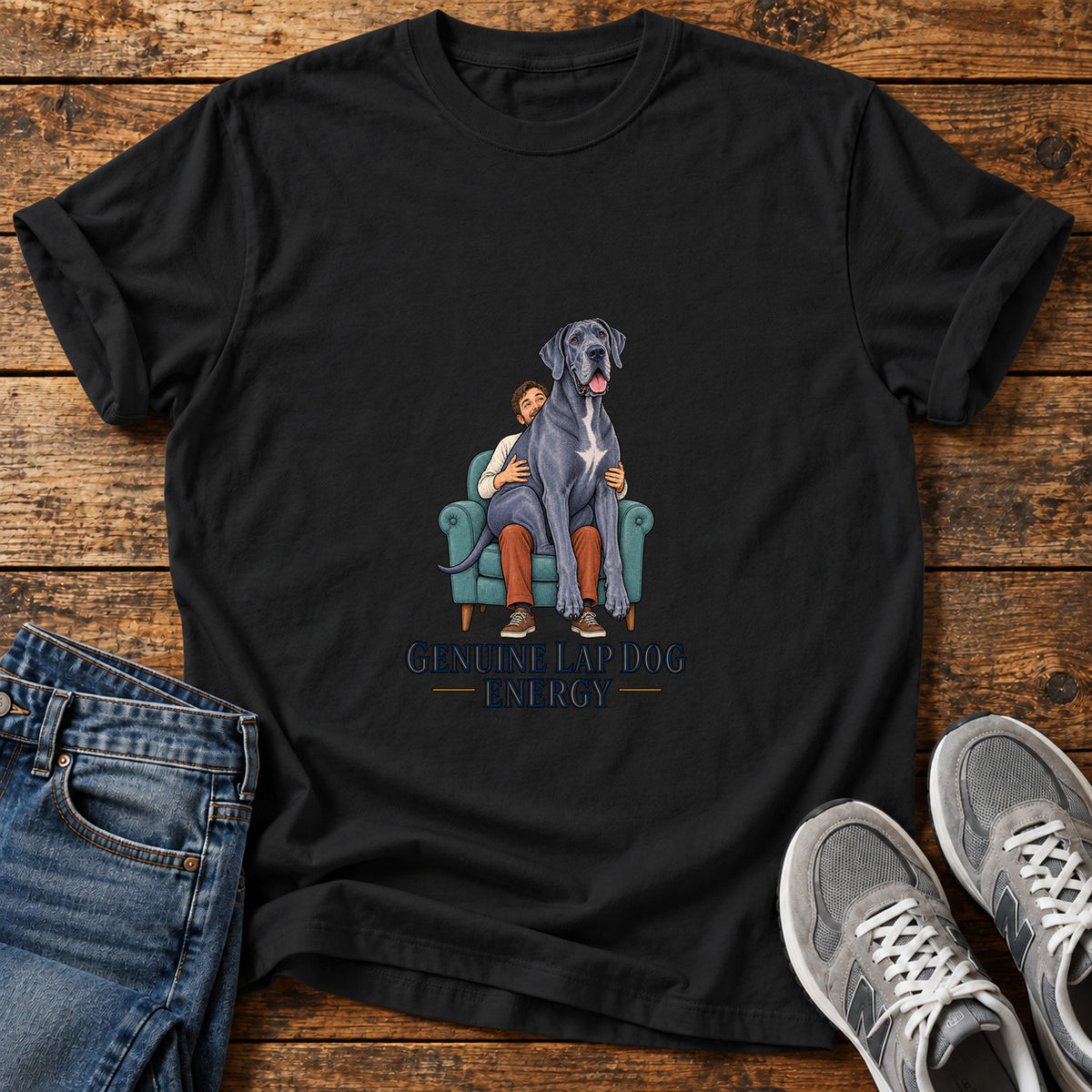 Genuine Lap Energy Great Dane graphic T-shirt in Black, shown on a flat-lay shirt mockup