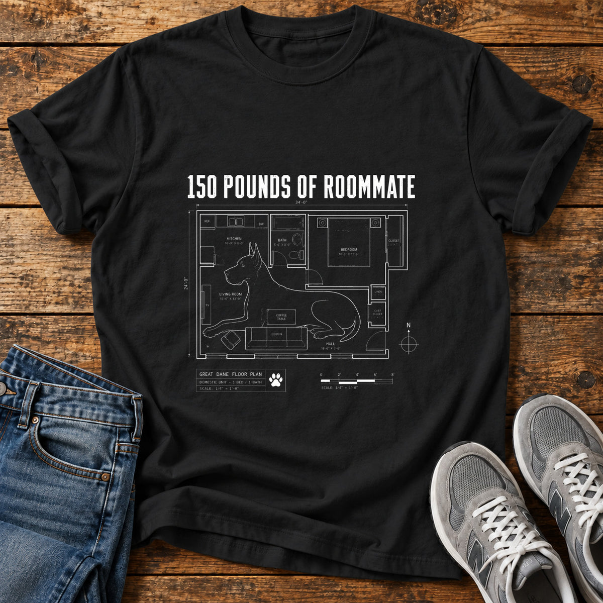150 Pounds Roommate Great Dane graphic T-shirt in Black, shown on a flat-lay shirt mockup