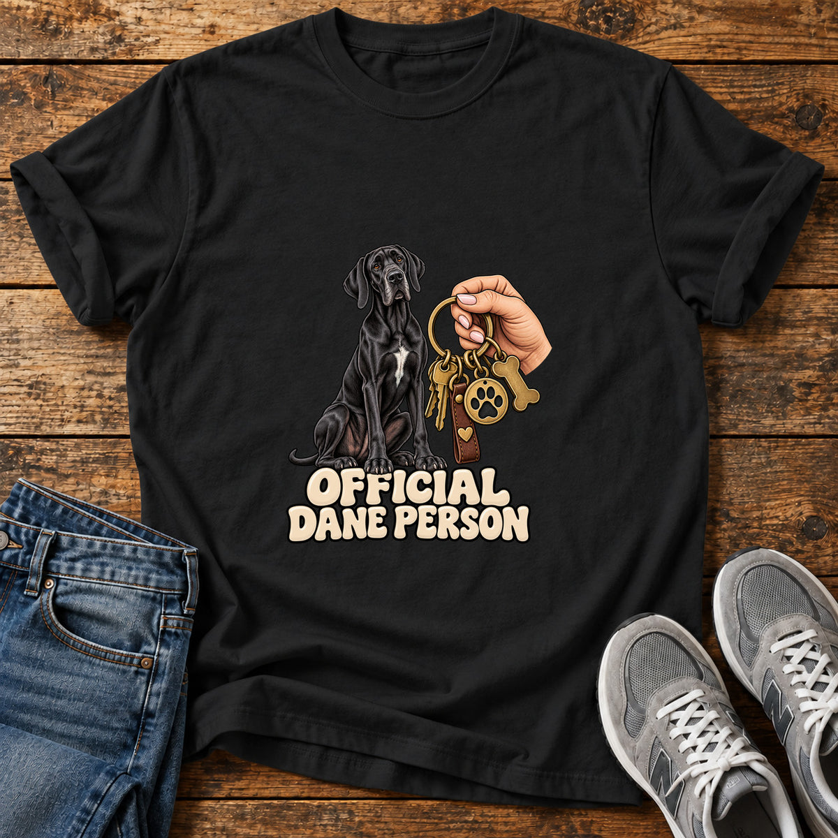 Official Dane Person Great Dane graphic T-shirt in Black, shown on a flat-lay shirt mockup