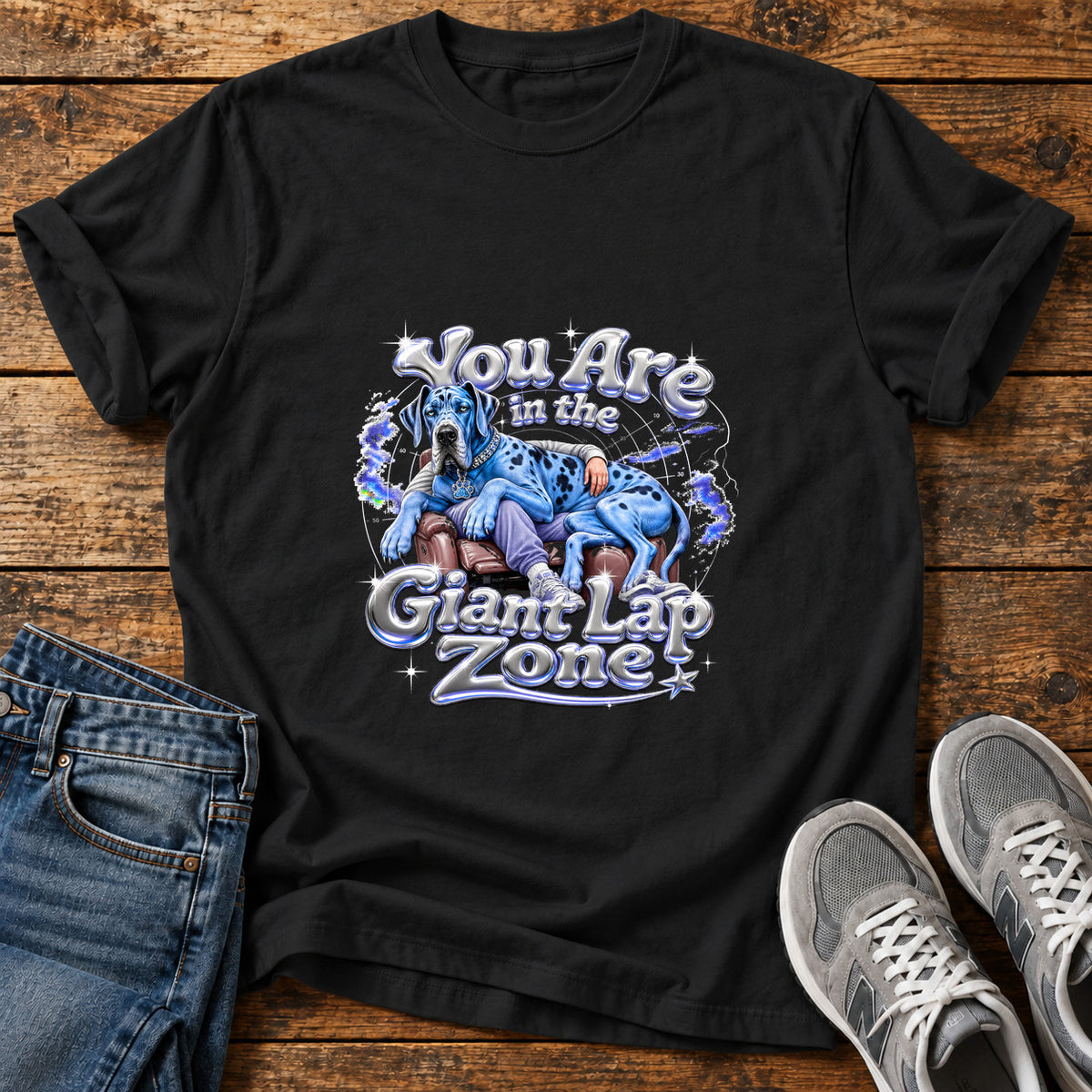 Giant Lap Zone Great Dane graphic T-shirt in Black, shown on a flat-lay shirt mockup