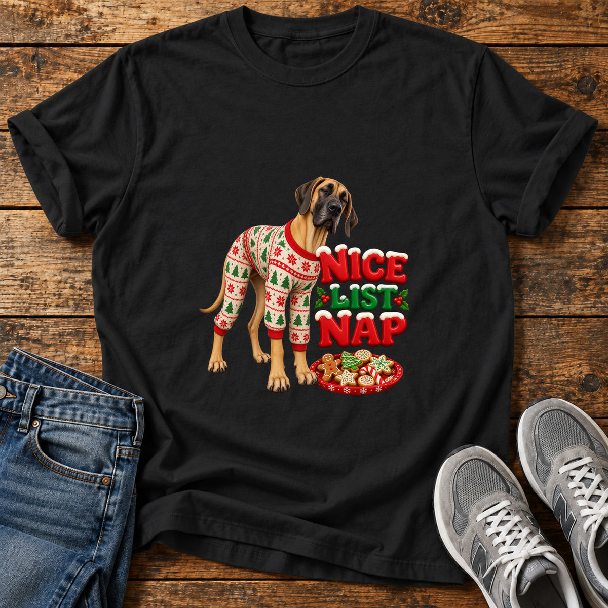 Nice List Nap Great Dane graphic T-shirt in Black, shown on a flat-lay shirt mockup