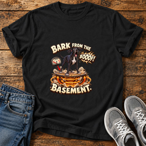 Bark Boof Basement Great Dane graphic T-shirt in Black, shown on a flat-lay shirt mockup