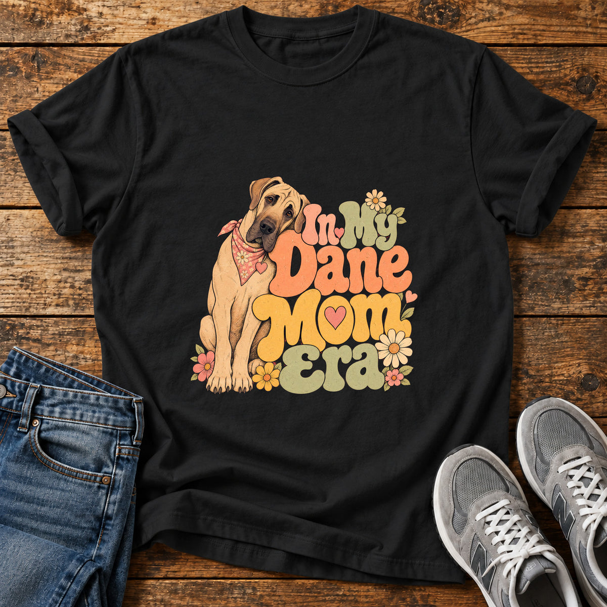 Dane Mom Era Great Dane graphic T-shirt in Black, shown on a flat-lay shirt mockup