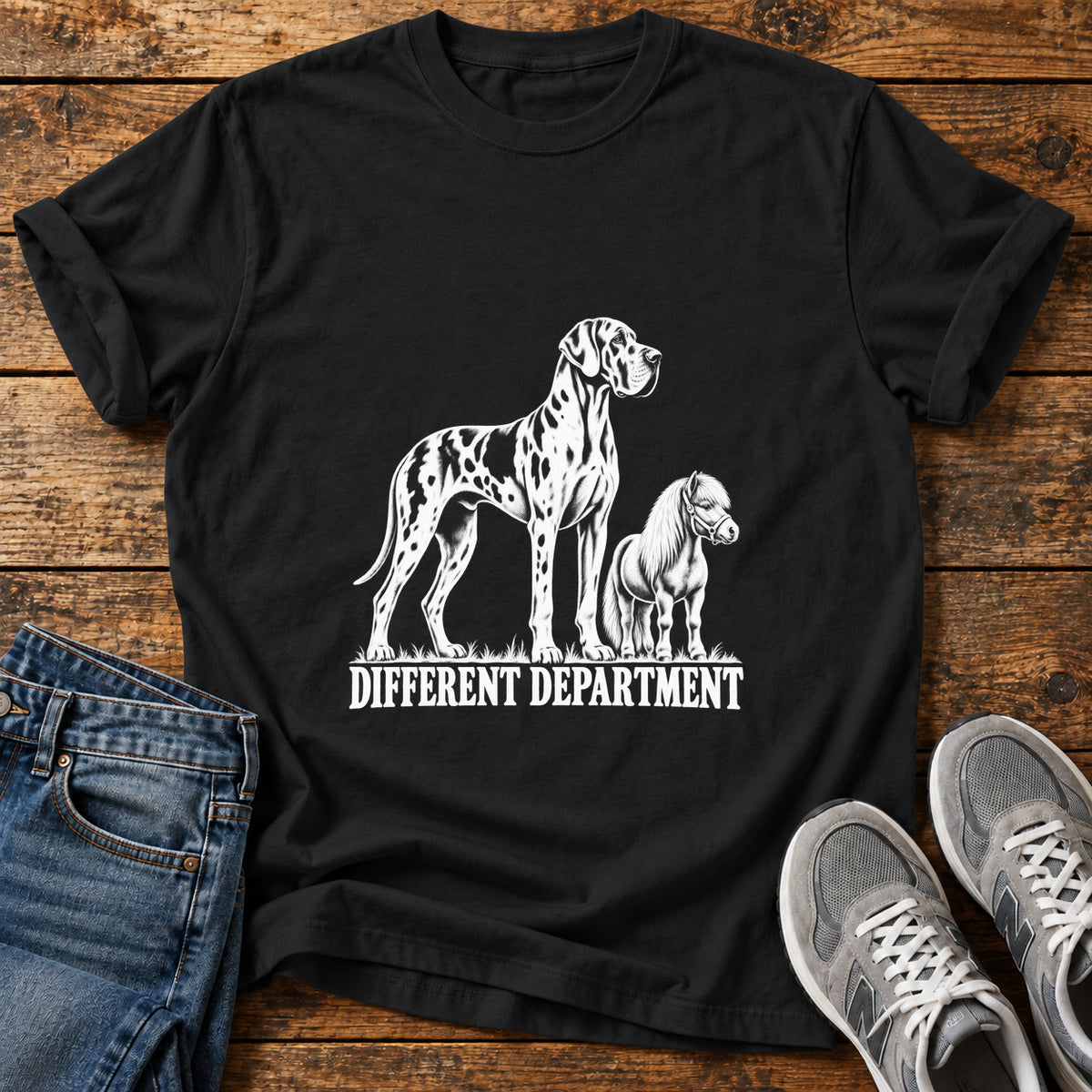 Different Department Great Dane graphic T-shirt in Black, shown on a flat-lay shirt mockup