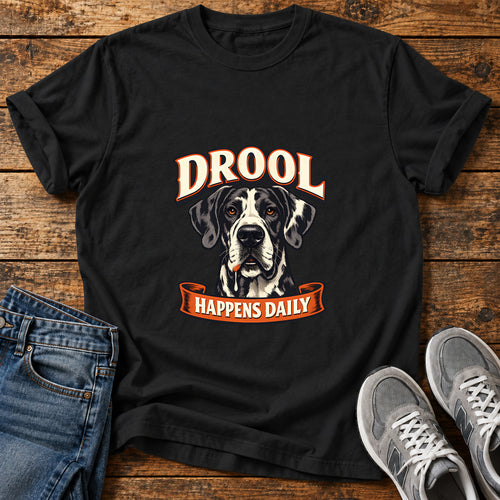 Drool Happens Daily Great Dane graphic T-shirt in Black, shown on a flat-lay shirt mockup