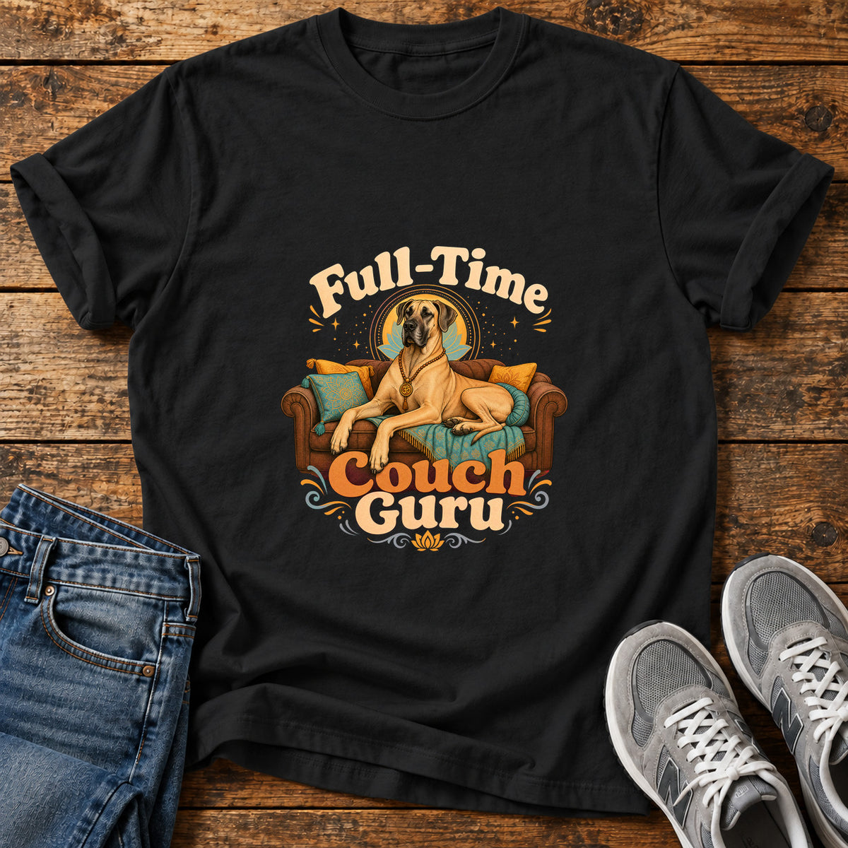 Couch Guru Great Dane graphic T-shirt in Black, shown on a flat-lay shirt mockup