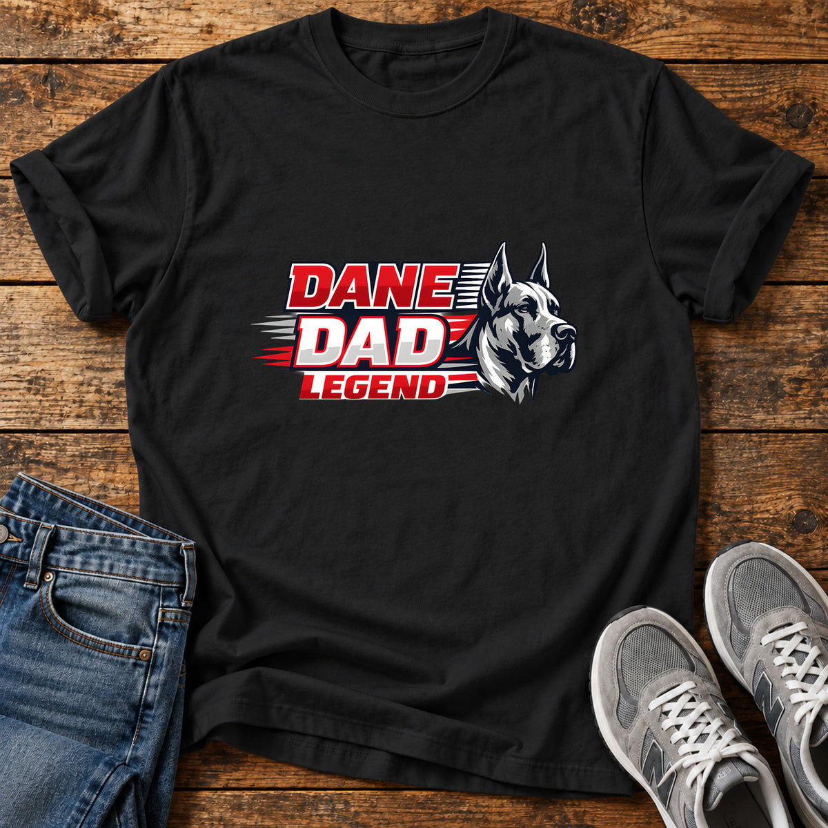 Dane Dad Legend Great Dane graphic T-shirt in Black, shown on a flat-lay shirt mockup
