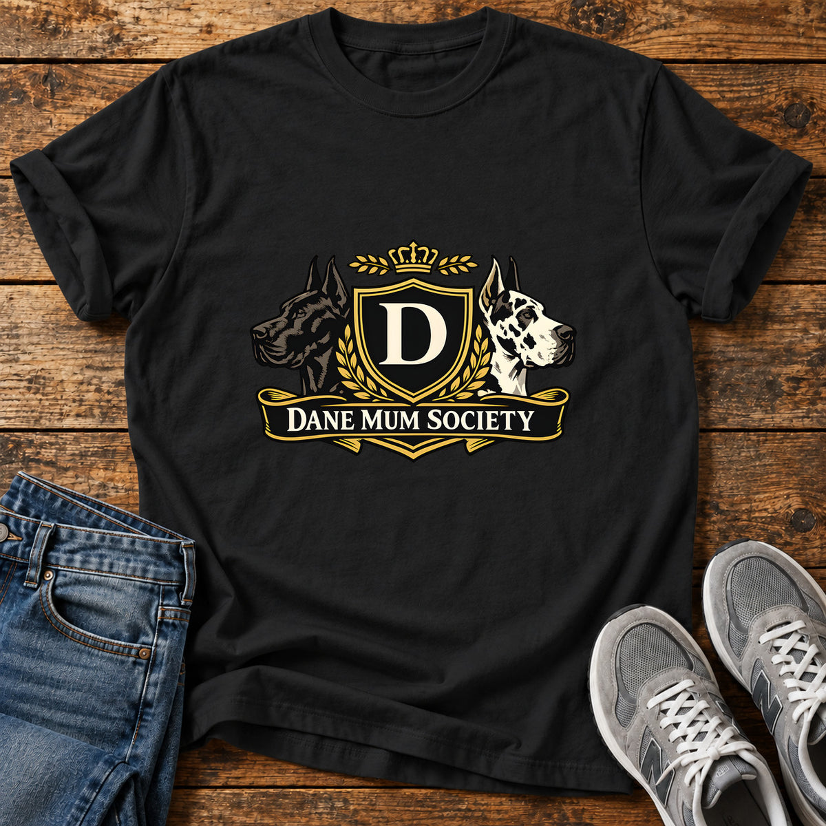 Dane Mum Society Great Dane graphic T-shirt in Black, shown on a flat-lay shirt mockup