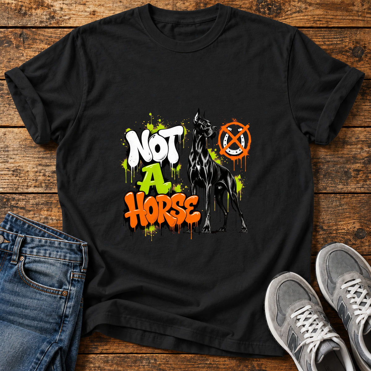 Not A Horse Great Dane graphic T-shirt in Black, shown on a flat-lay shirt mockup