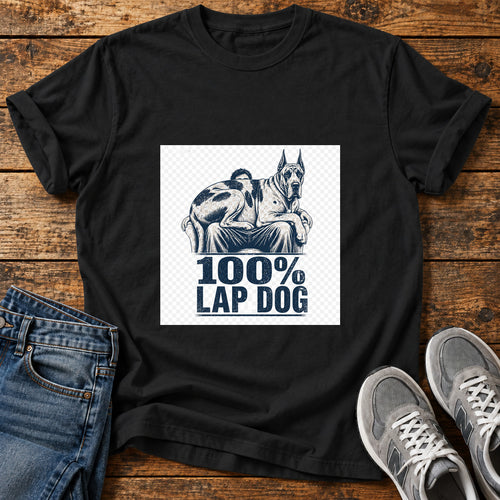 100% Lap Dog Great Dane graphic T-shirt in Black, shown on a flat-lay shirt mockup
