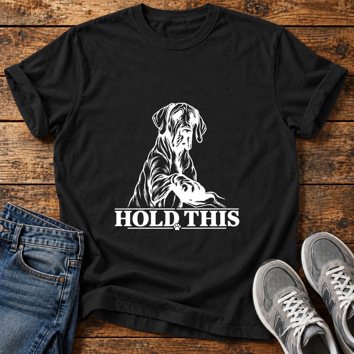 Sloth Squad Great Dane graphic T-shirt in Black, shown on a flat-lay shirt mockup
