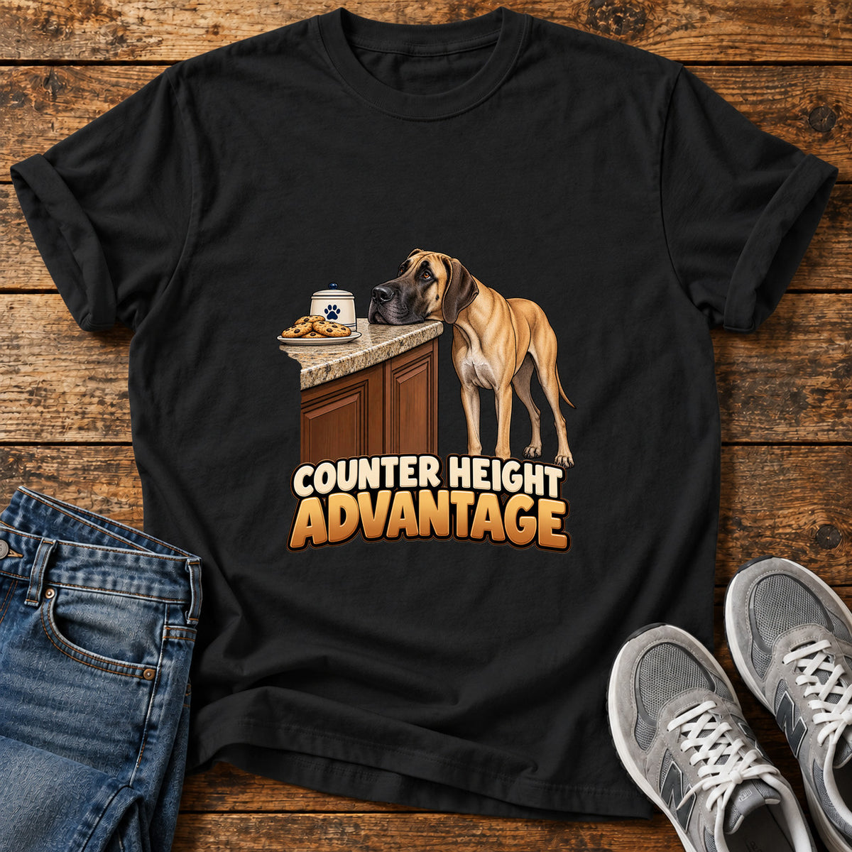 Counter Height Advantage Great Dane graphic T-shirt in Black, shown on a flat-lay shirt mockup