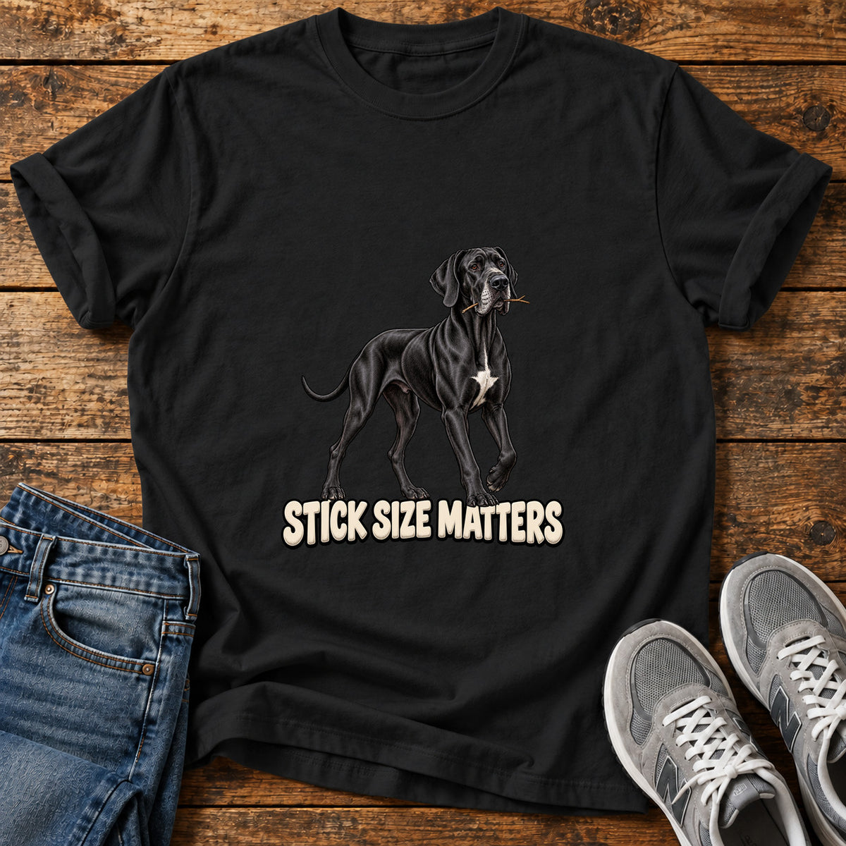 Stick Size Matters Great Dane graphic T-shirt in Black, shown on a flat-lay shirt mockup