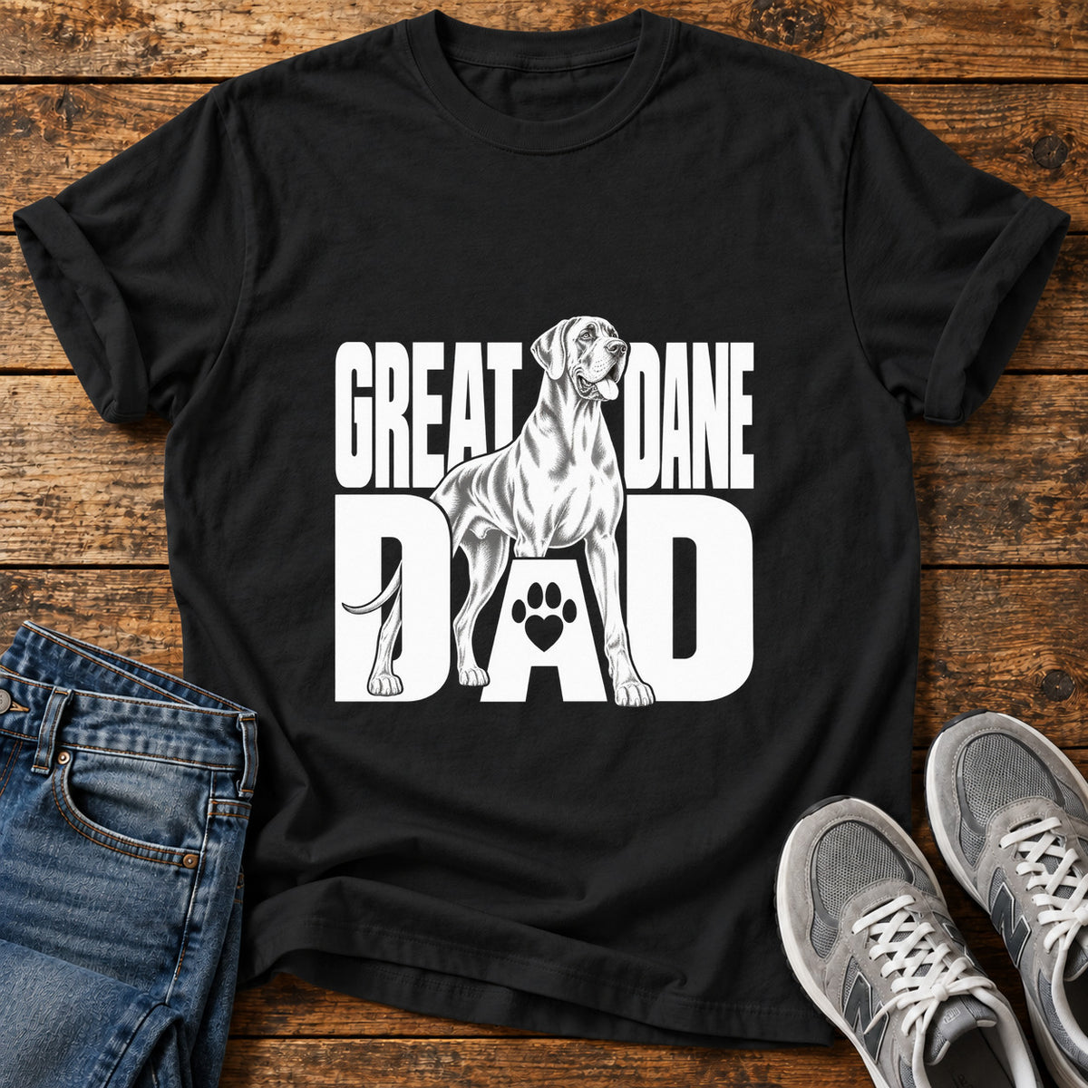 Great Dane Dad graphic T-shirt in Black, shown on a flat-lay shirt mockup