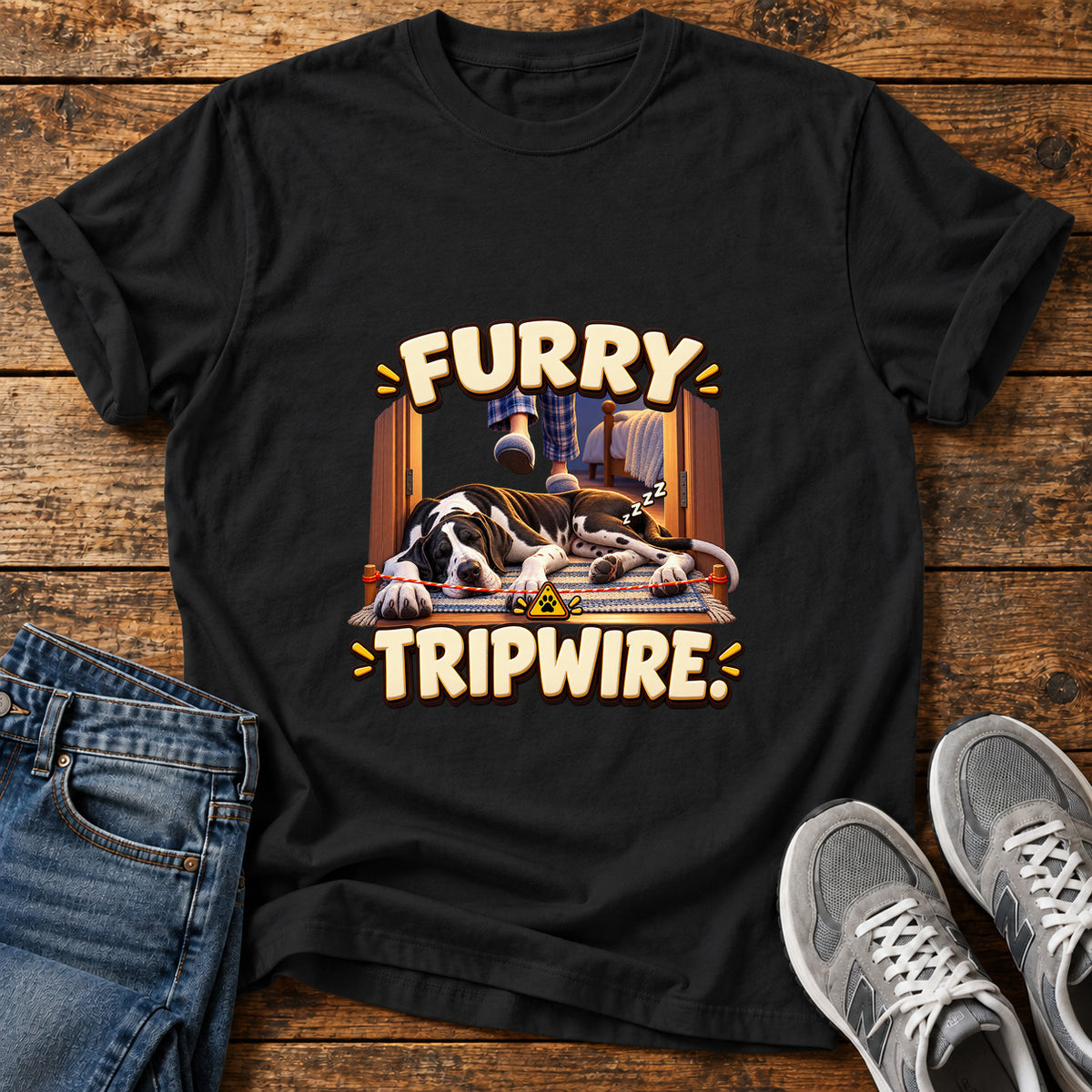 Furry Tripwire Great Dane graphic T-shirt in Black, shown on a flat-lay shirt mockup