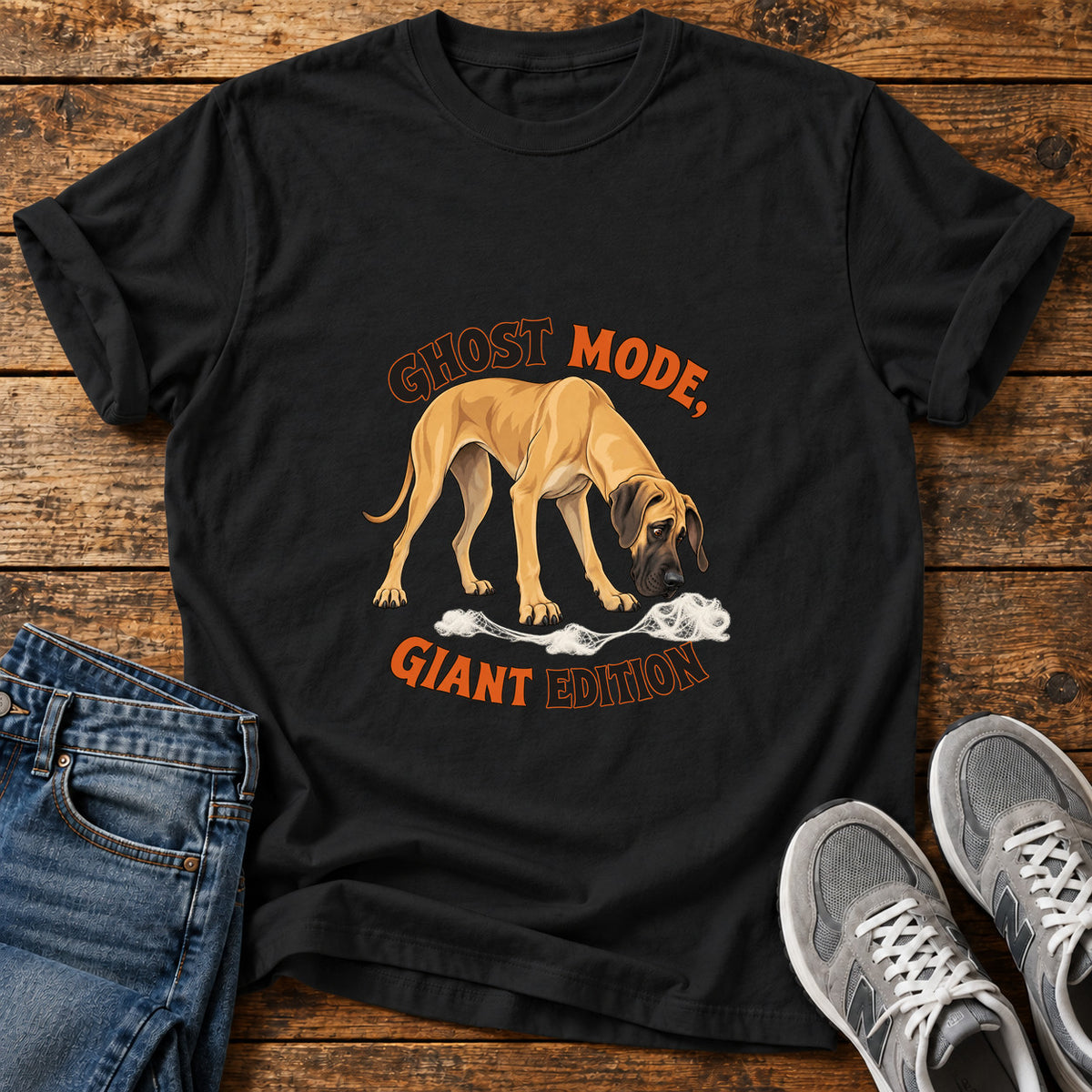 Ghost Mode Giant Great Dane graphic T-shirt in Black, shown on a flat-lay shirt mockup