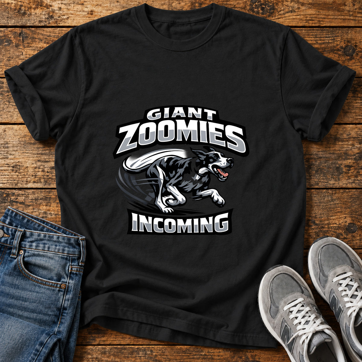 Giant Zoomies Great Dane graphic T-shirt in Black, shown on a flat-lay shirt mockup