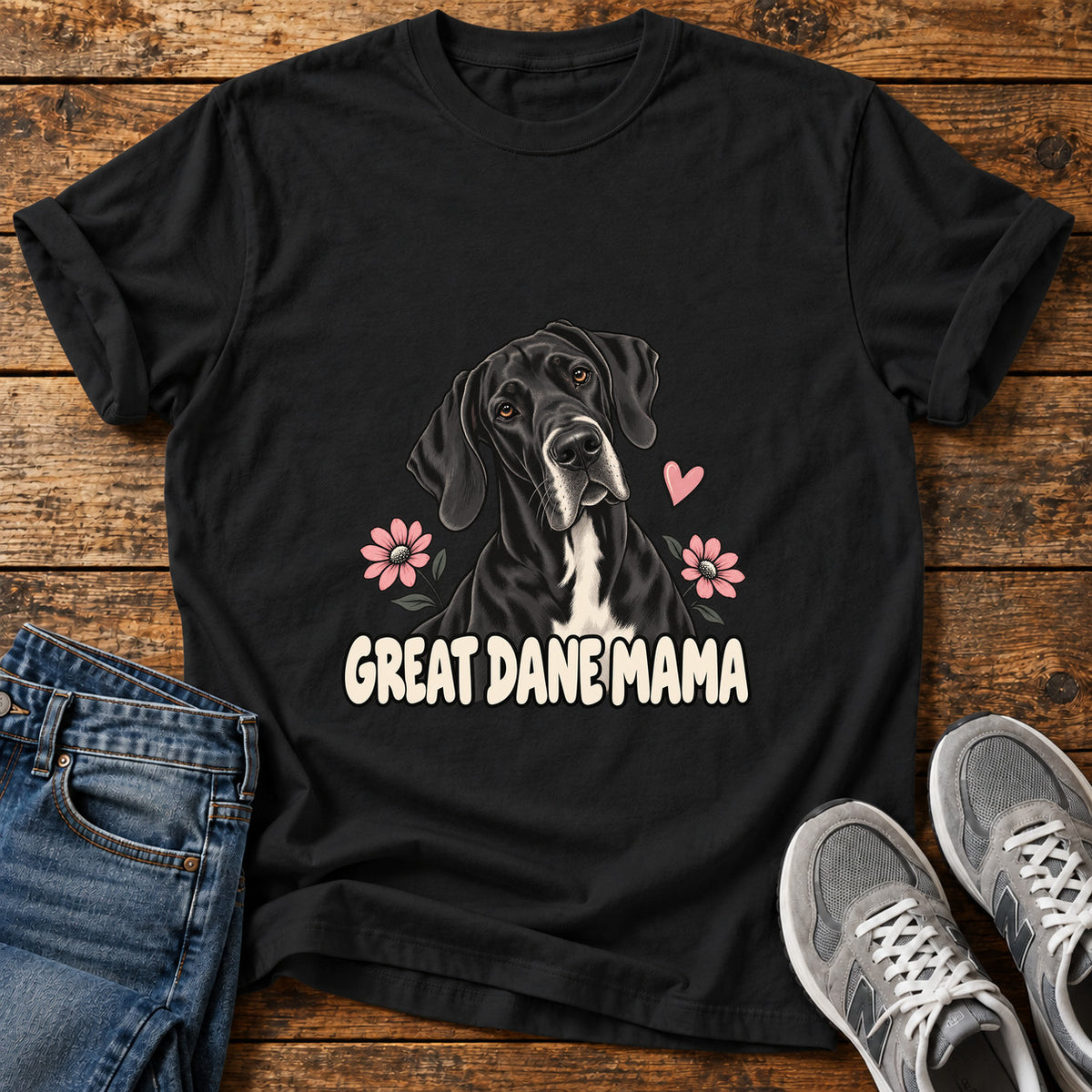 Great Dane Mama graphic T-shirt in Black, shown on a flat-lay shirt mockup