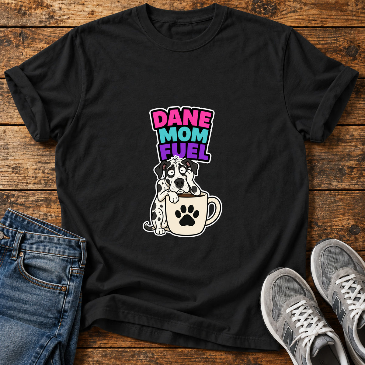 Dane Mom Fuel Great Dane graphic T-shirt in Black, shown on a flat-lay shirt mockup