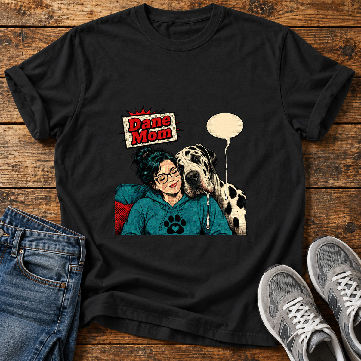 Dane Mom Great Dane graphic T-shirt in Black, shown on a flat-lay shirt mockup