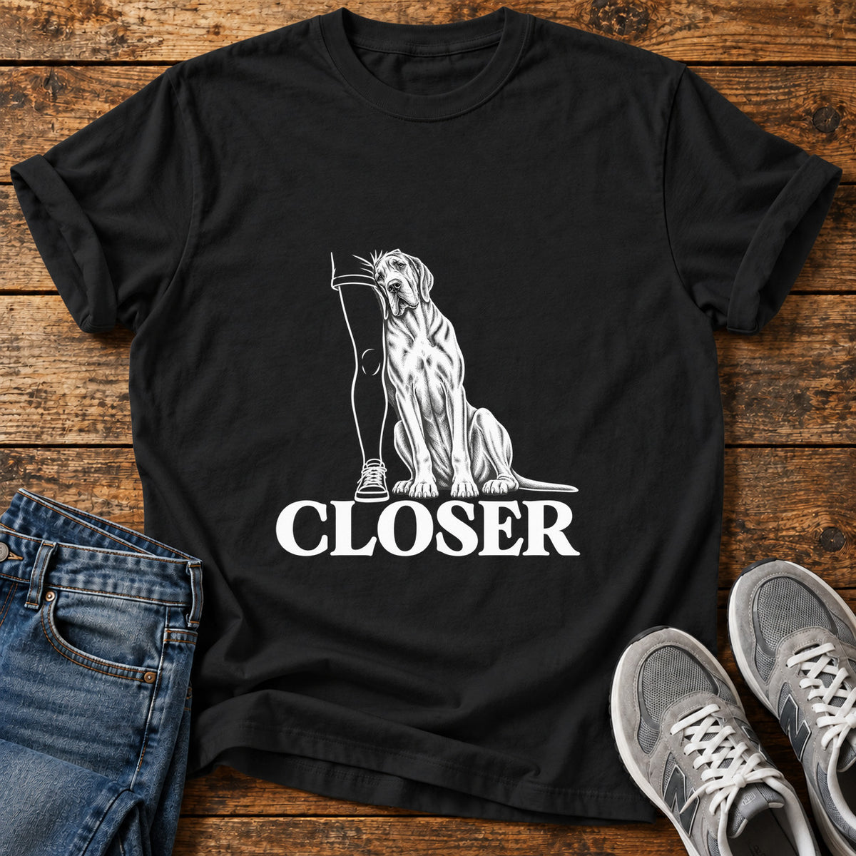 Closer Companion Great Dane graphic T-shirt in Black, shown on a flat-lay shirt mockup