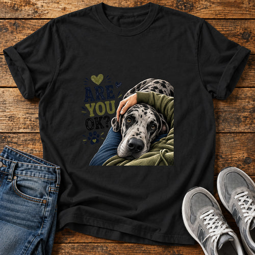 Are You OK Great Dane graphic T-shirt in Black, shown on a flat-lay shirt mockup