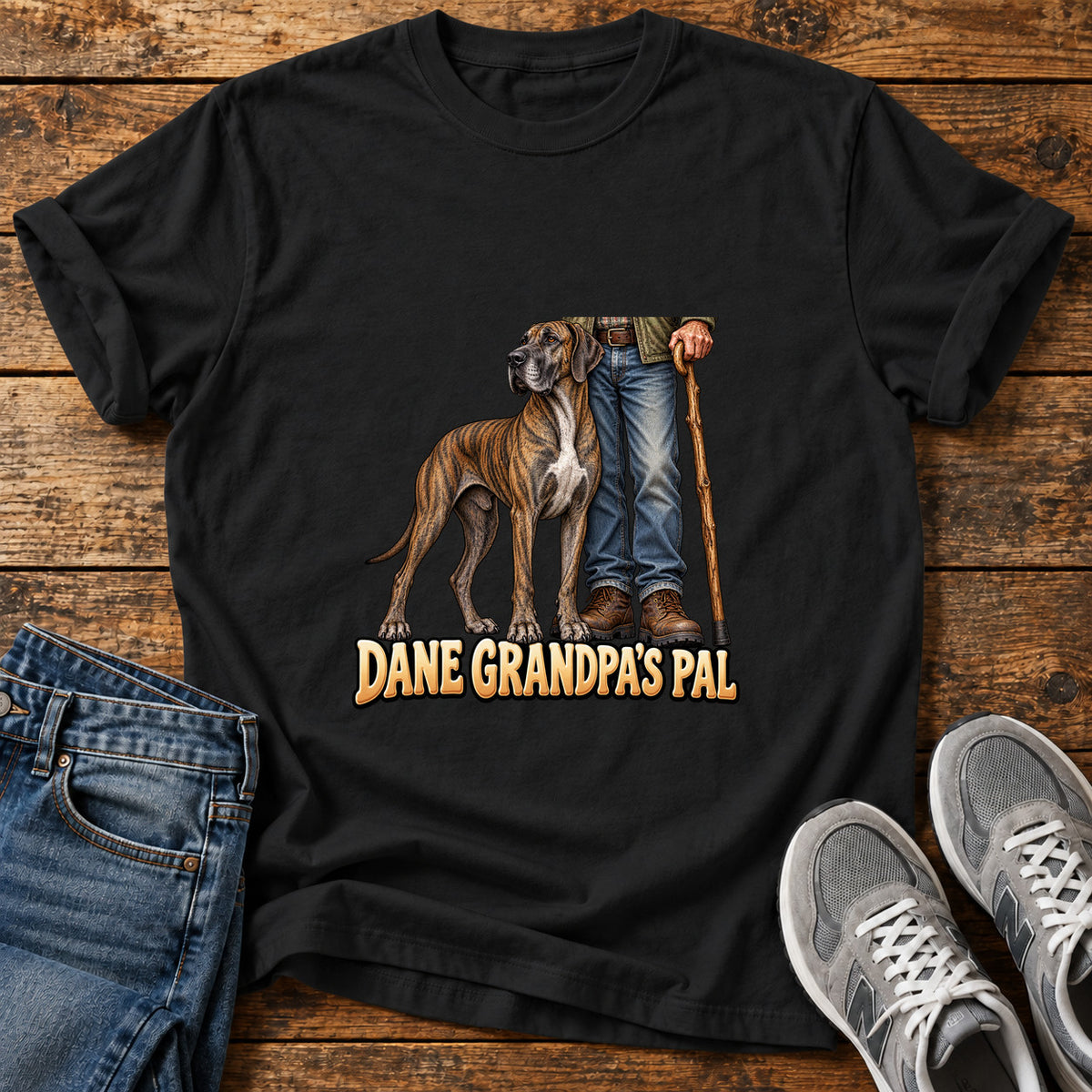 Dane Grandpa's Pal Great Dane graphic T-shirt in Black, shown on a flat-lay shirt mockup