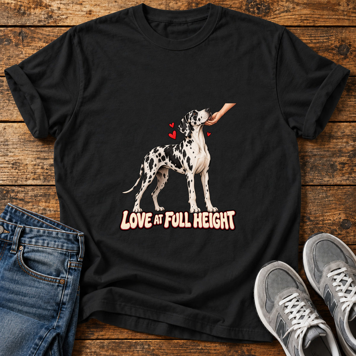 Love At Full Great Dane graphic T-shirt in Black, shown on a flat-lay shirt mockup