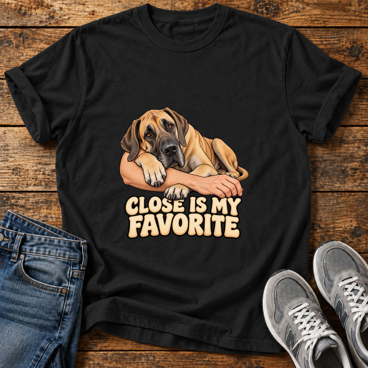 Close Favorite Great Dane graphic T-shirt in Black, shown on a flat-lay shirt mockup