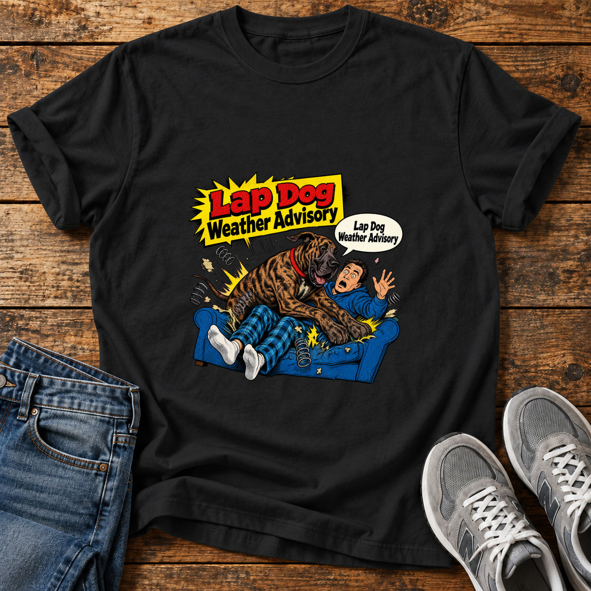 Lap Dog Advisory Great Dane graphic T-shirt in Black, shown on a flat-lay shirt mockup