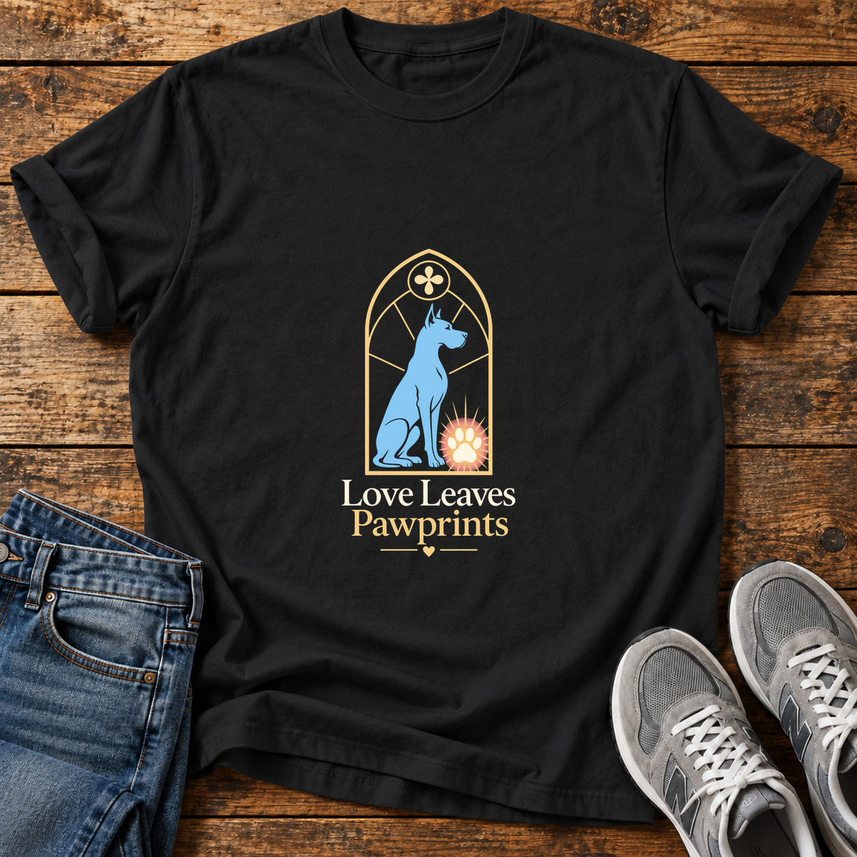 Love Leaves Pawprints Great Dane graphic T-shirt in Black, shown on a flat-lay shirt mockup