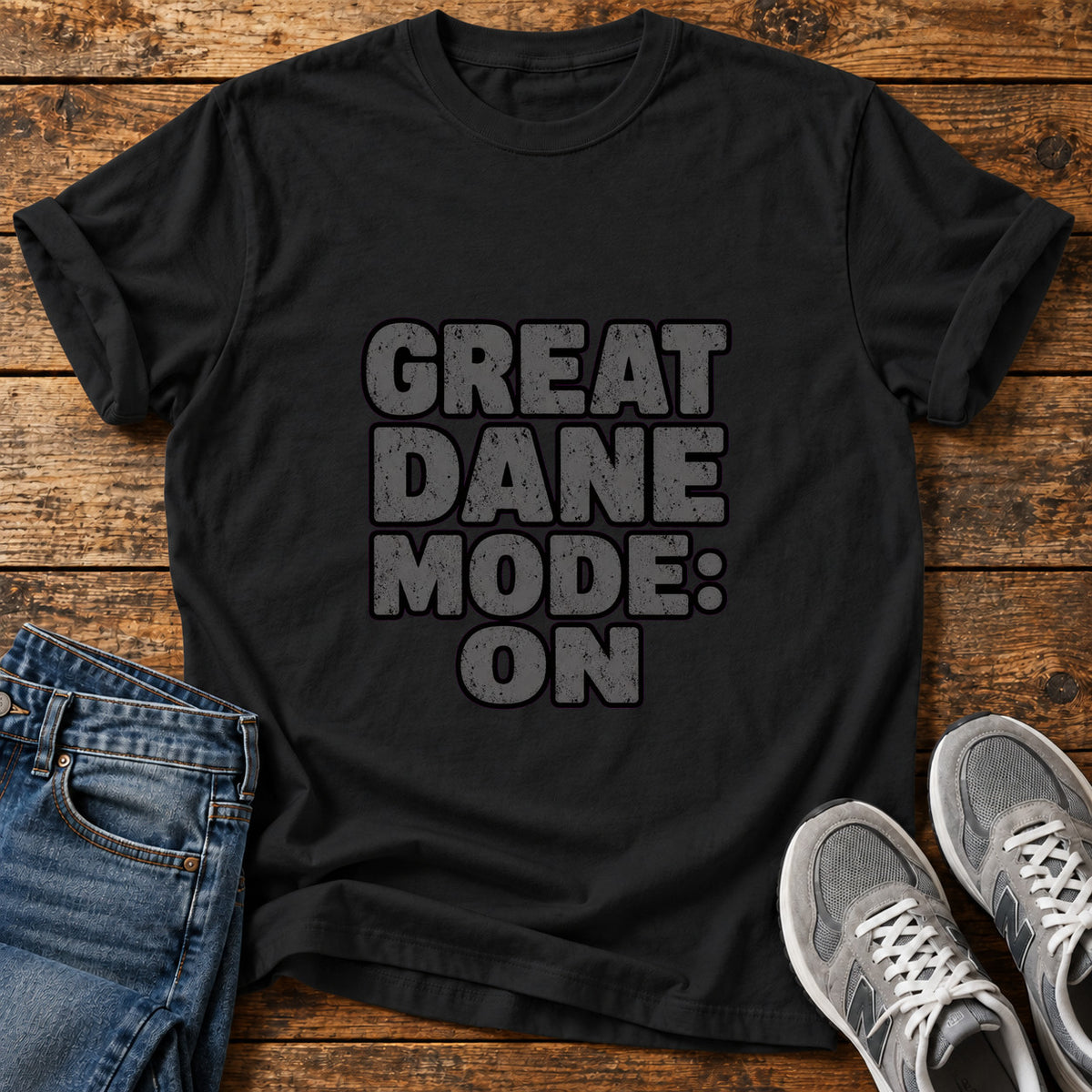 Great Dane Mode graphic T-shirt in Black, shown on a flat-lay shirt mockup