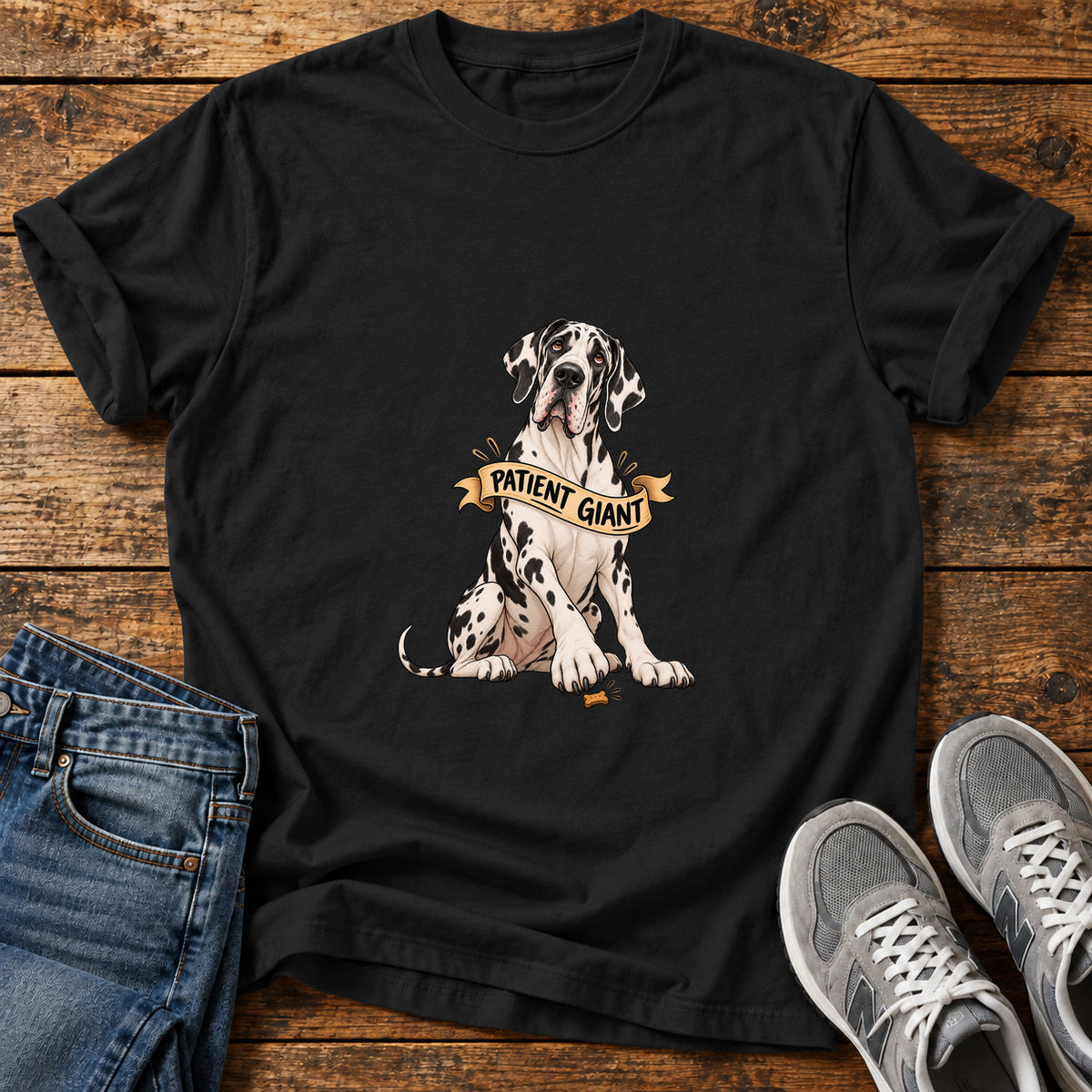 Patient Giant Great Dane graphic T-shirt in Black, shown on a flat-lay shirt mockup