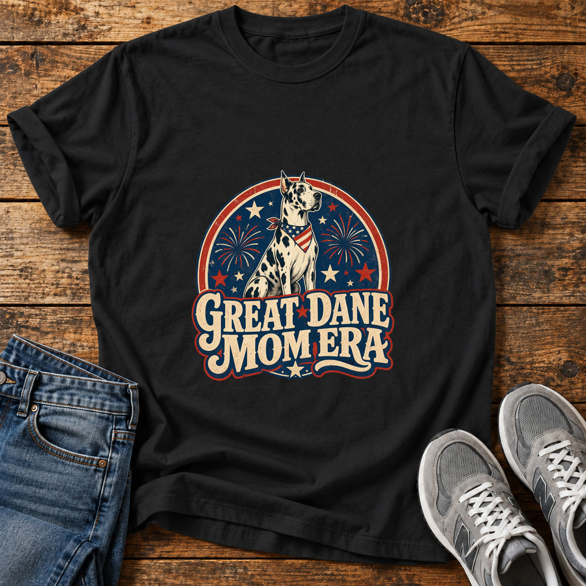 Great Dane Mom graphic T-shirt in Black, shown on a flat-lay shirt mockup